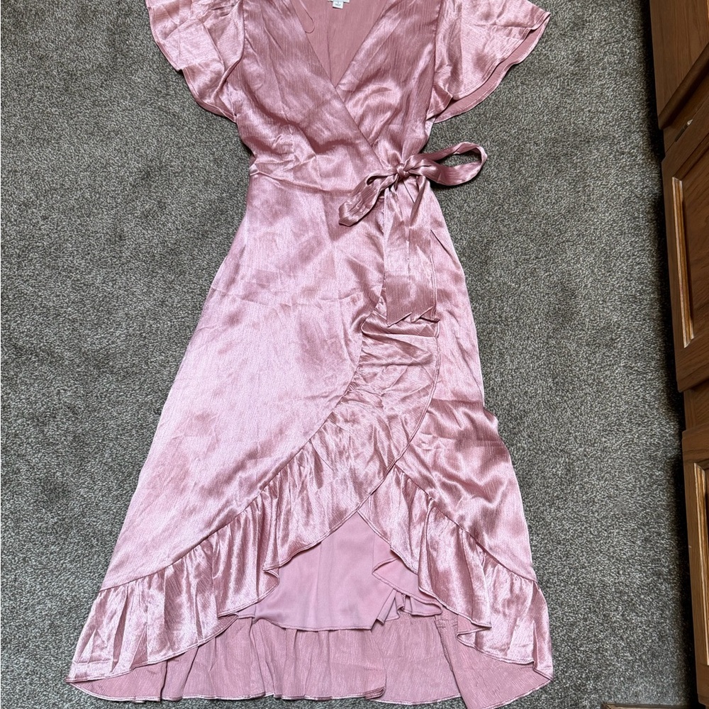 Blue Rain Satin Wrap High-Low Dress in Dusty Pink